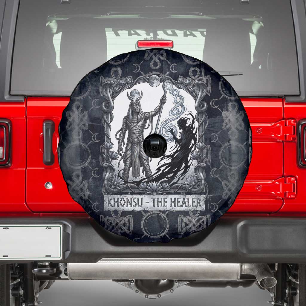 Khonsu Ancient Egyptian Spare Tire Cover with Dark Celtic Knot Pattern, Baboon Guardian Symbol, and Moon Healer Motif - Wonder Print Shop