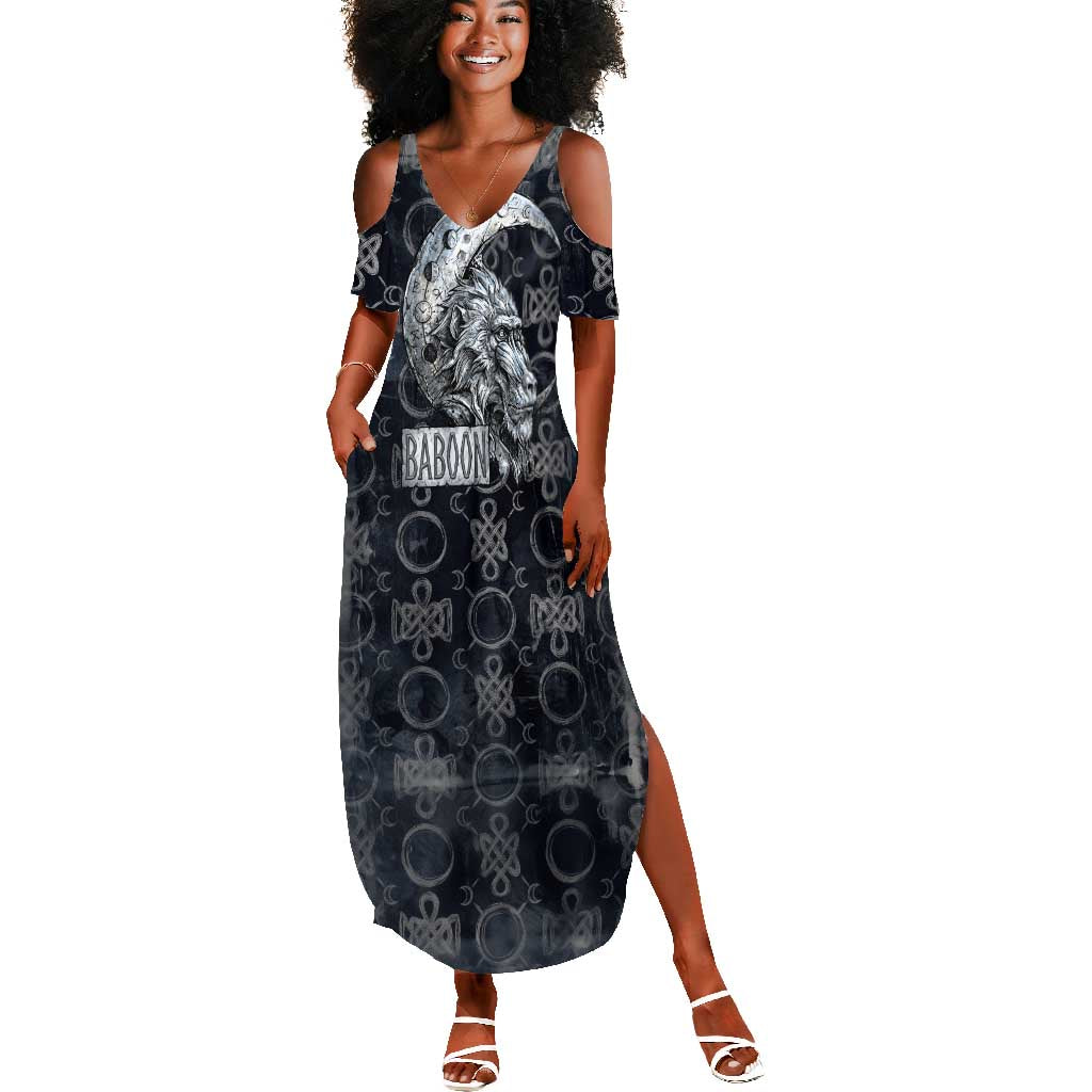 Khonsu Ancient Egyptian Summer Maxi Dress with Dark Celtic Knot Pattern, Baboon Guardian Symbol, and Moon Healer Motif - Wonder Print Shop