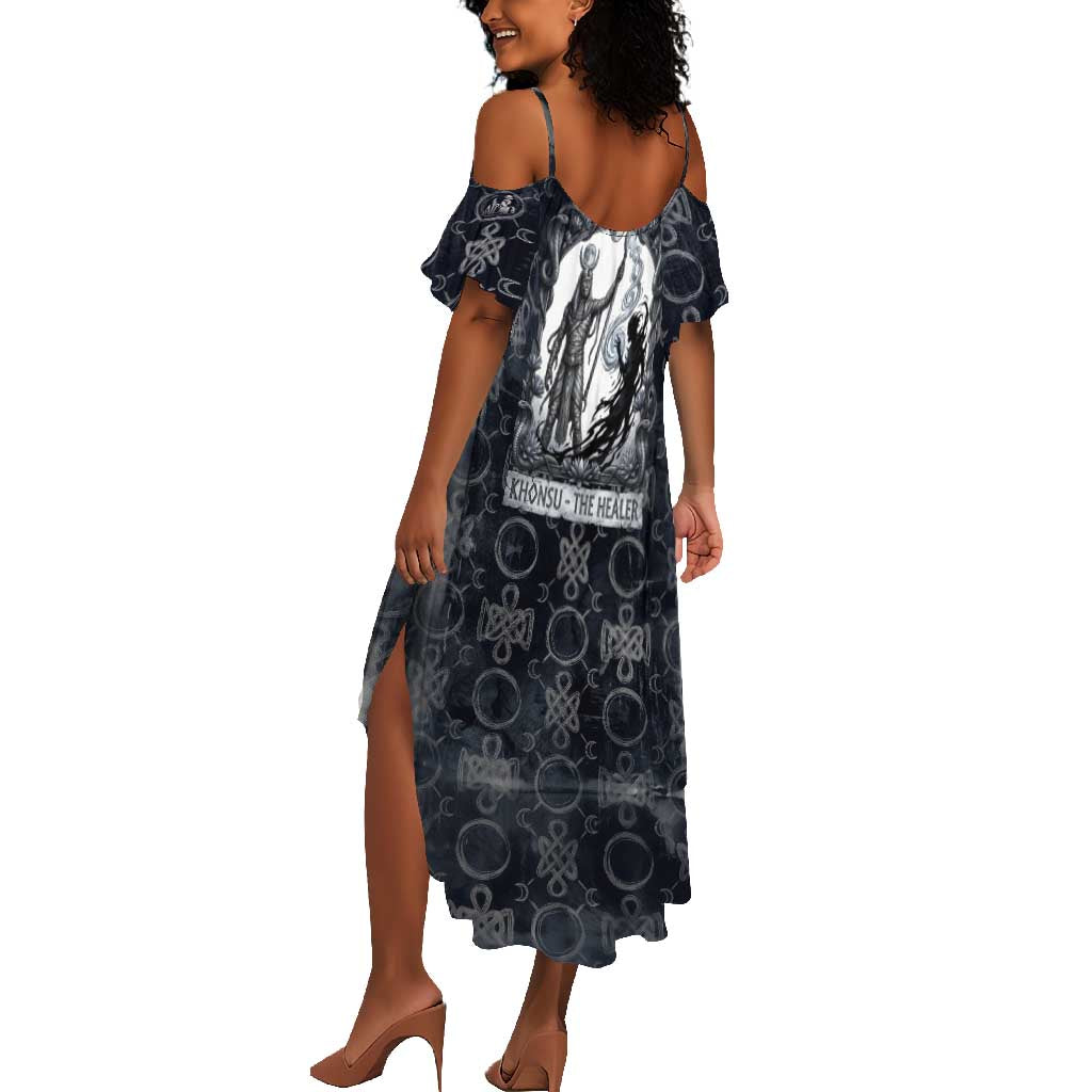Khonsu Ancient Egyptian Summer Maxi Dress with Dark Celtic Knot Pattern, Baboon Guardian Symbol, and Moon Healer Motif - Wonder Print Shop