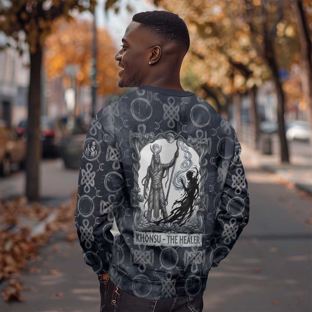 Khonsu Ancient Egyptian Sweatshirt with Dark Celtic Knot Pattern, Baboon Guardian Symbol, and Moon Healer Motif - Wonder Print Shop
