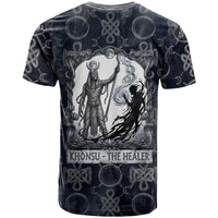 Khonsu Ancient Egyptian T shirt with Dark Celtic Knot Pattern, Baboon Guardian Symbol, and Moon Healer Motif - Wonder Print Shop
