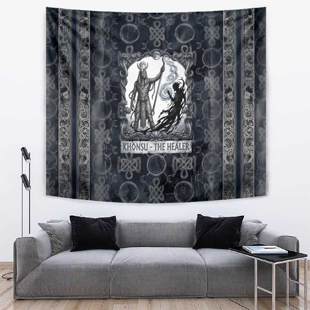 Khonsu Ancient Egyptian Tapestry with Dark Celtic Knot Pattern, Baboon Guardian Symbol, and Moon Healer Motif - Wonder Print Shop