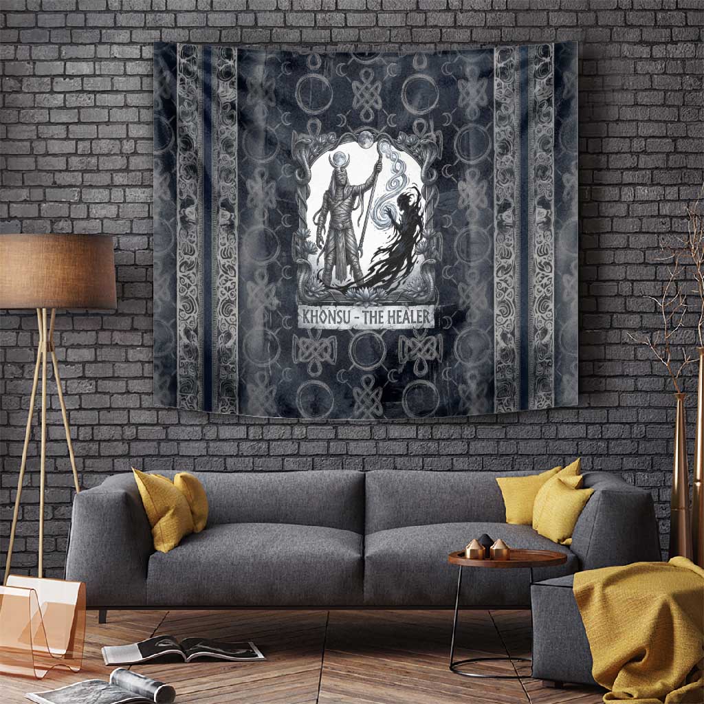Khonsu Ancient Egyptian Tapestry with Dark Celtic Knot Pattern, Baboon Guardian Symbol, and Moon Healer Motif - Wonder Print Shop