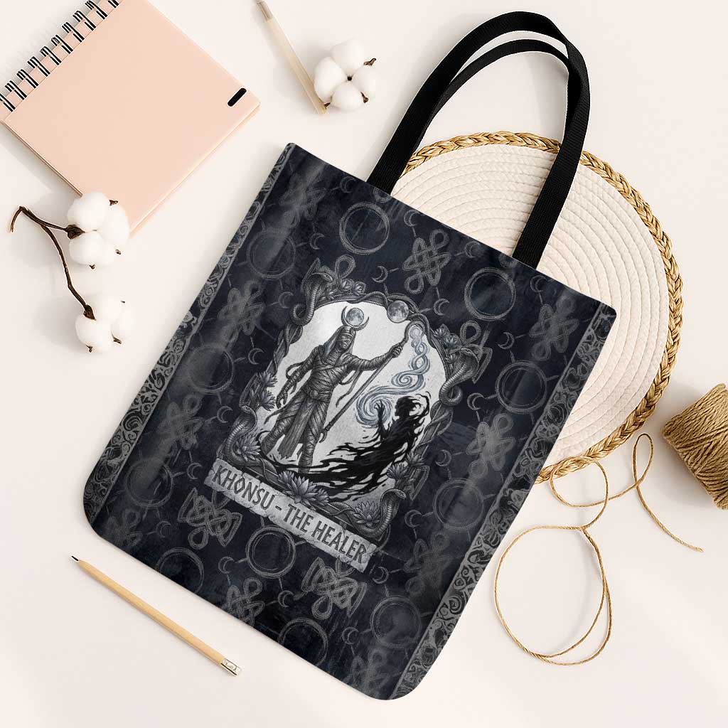 Khonsu Ancient Egyptian Tote Bag with Dark Celtic Knot Pattern, Baboon Guardian Symbol, and Moon Healer Motif - Wonder Print Shop