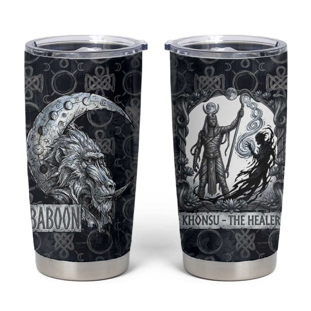 Khonsu Ancient Egyptian Tumbler Cup with Dark Celtic Knot Pattern, Baboon Guardian Symbol, and Moon Healer Motif - Wonder Print Shop