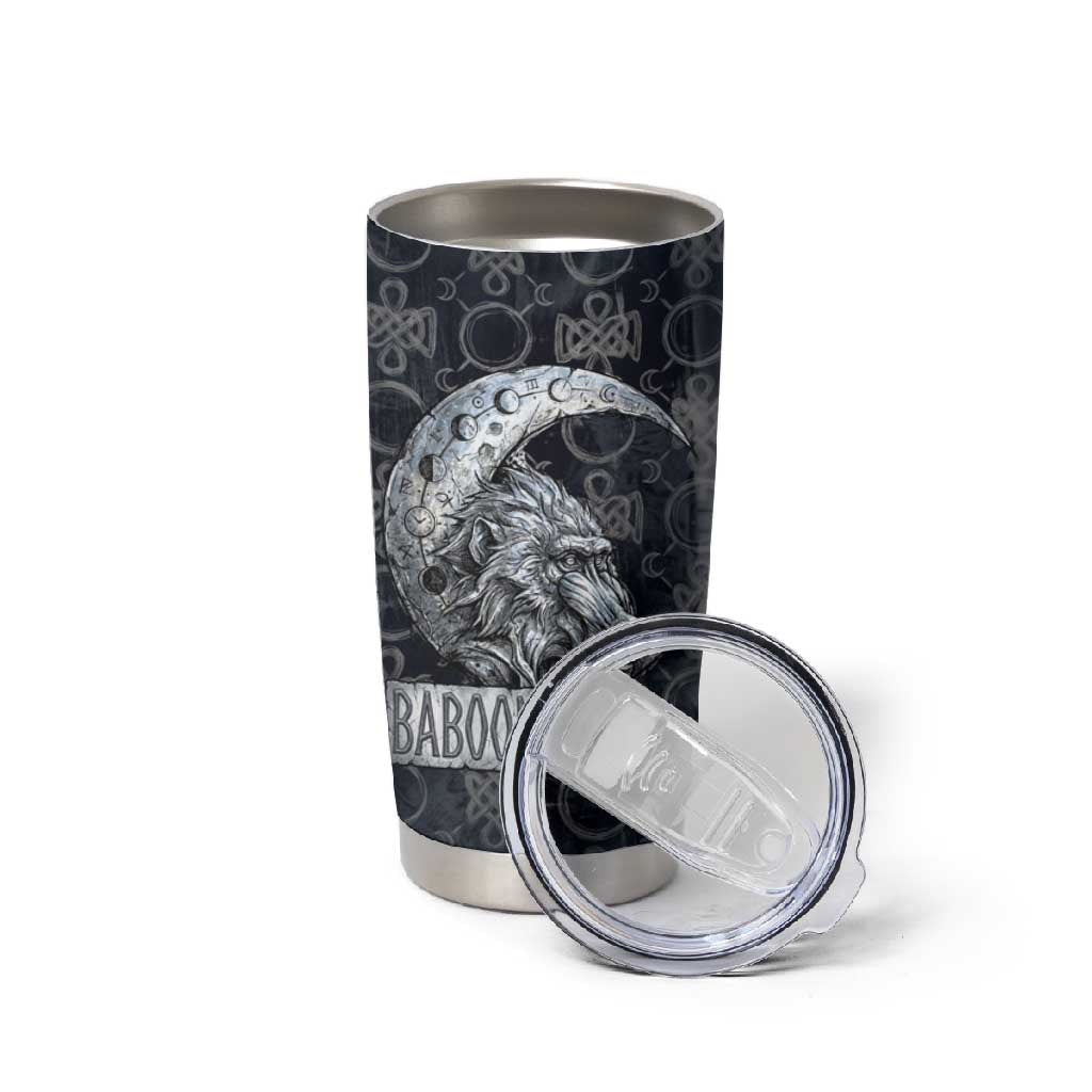 Khonsu Ancient Egyptian Tumbler Cup with Dark Celtic Knot Pattern, Baboon Guardian Symbol, and Moon Healer Motif - Wonder Print Shop