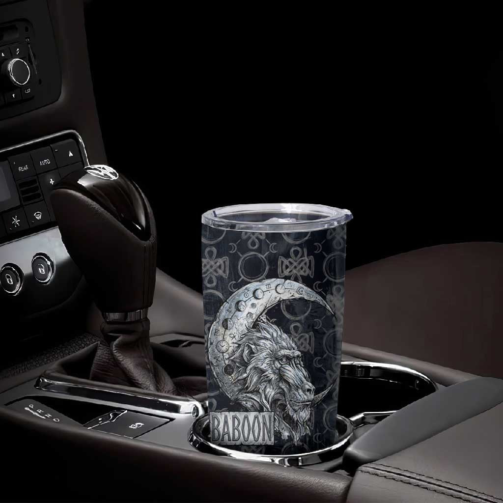 Khonsu Ancient Egyptian Tumbler Cup with Dark Celtic Knot Pattern, Baboon Guardian Symbol, and Moon Healer Motif - Wonder Print Shop
