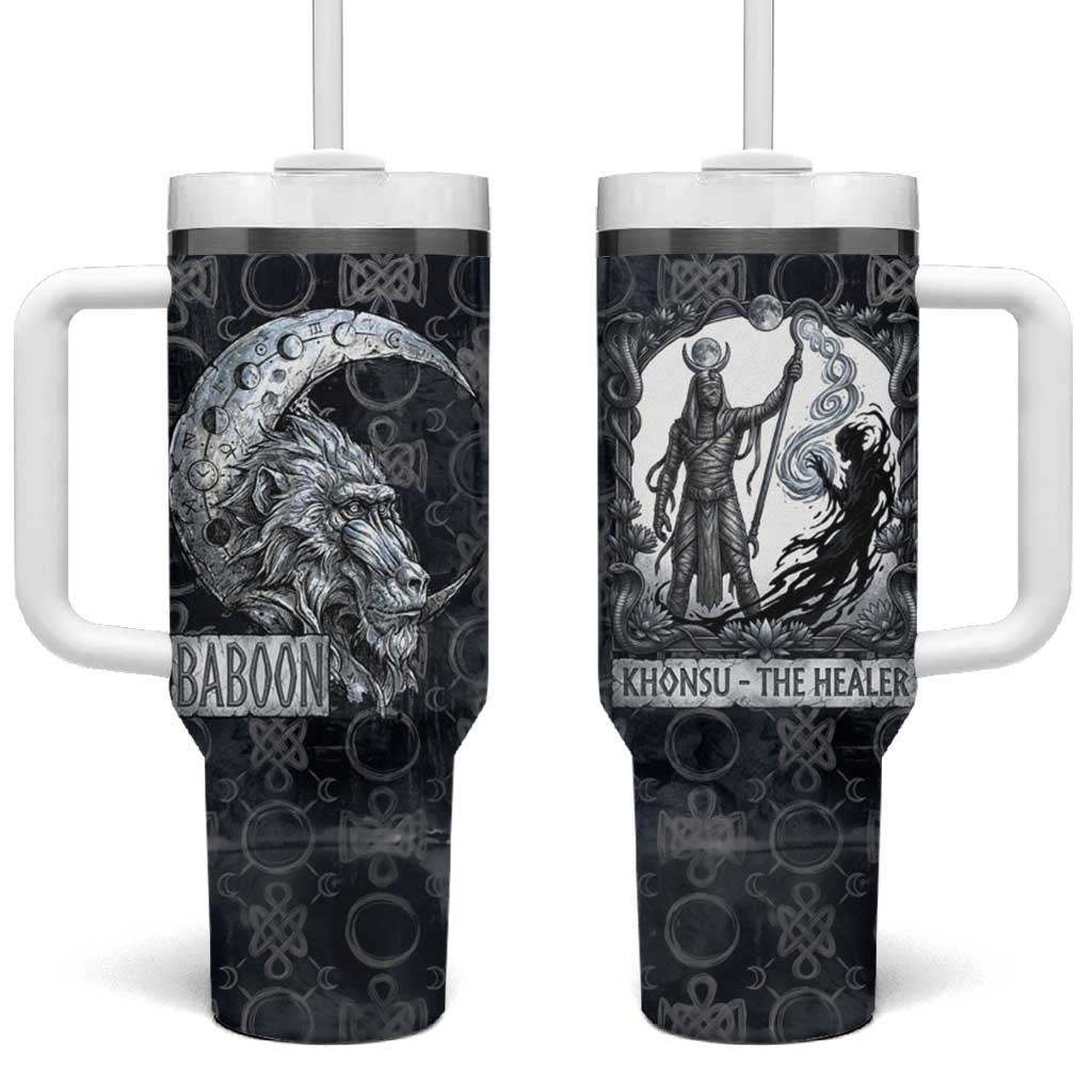 Khonsu Ancient Egyptian Tumbler With Handle with Dark Celtic Knot Pattern, Baboon Guardian Symbol, and Moon Healer Motif - Wonder Print Shop