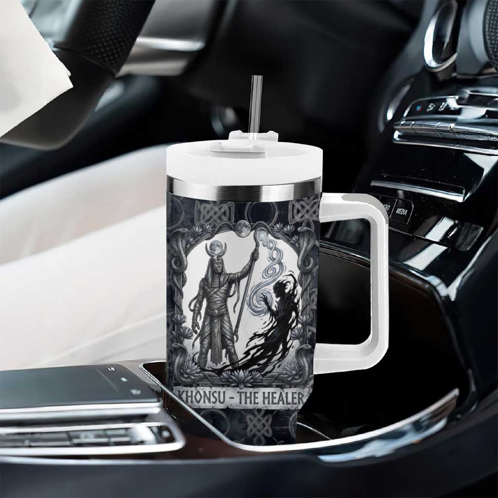 Khonsu Ancient Egyptian Tumbler With Handle with Dark Celtic Knot Pattern, Baboon Guardian Symbol, and Moon Healer Motif - Wonder Print Shop