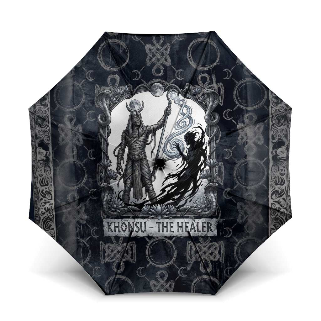 Khonsu Ancient Egyptian Umbrella with Dark Celtic Knot Pattern, Baboon Guardian Symbol, and Moon Healer Motif - Wonder Print Shop