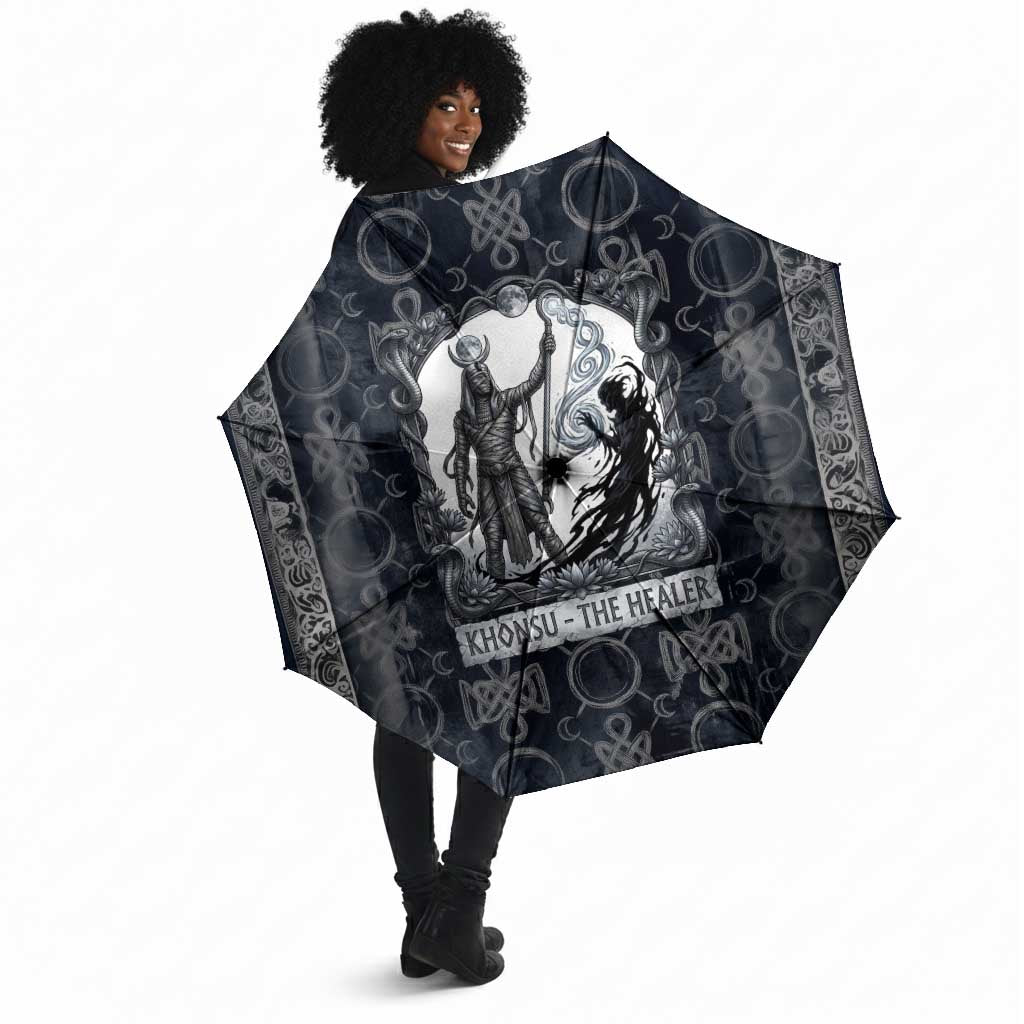 Khonsu Ancient Egyptian Umbrella with Dark Celtic Knot Pattern, Baboon Guardian Symbol, and Moon Healer Motif - Wonder Print Shop