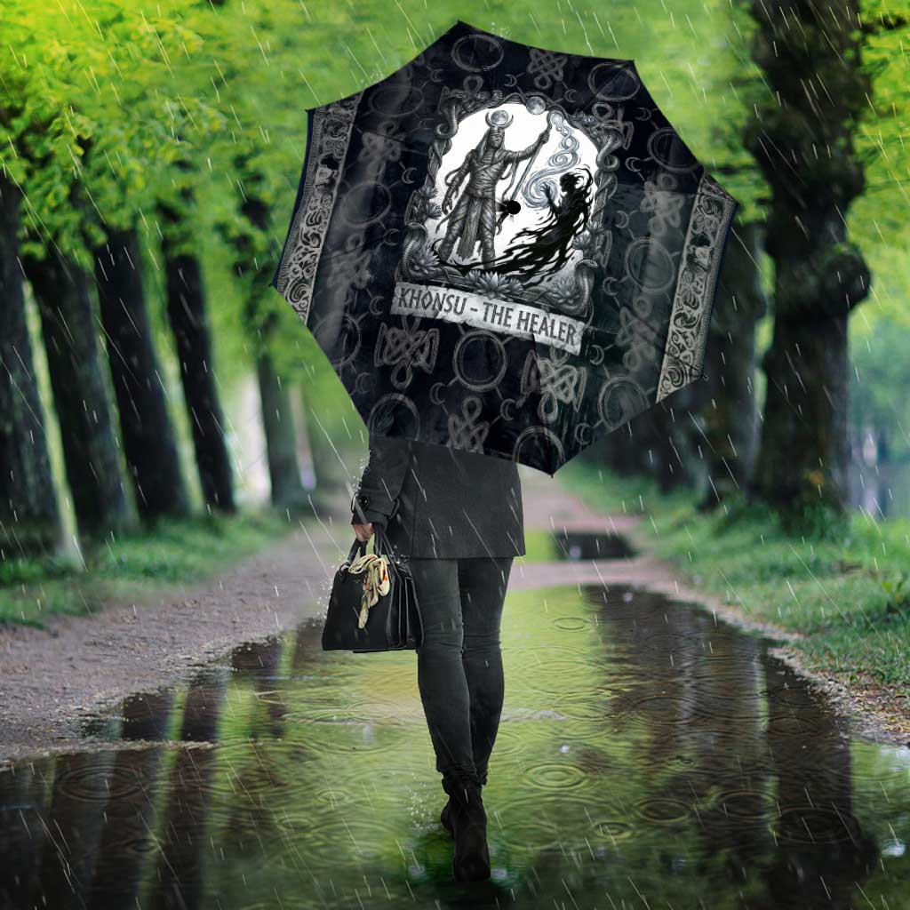 Khonsu Ancient Egyptian Umbrella with Dark Celtic Knot Pattern, Baboon Guardian Symbol, and Moon Healer Motif - Wonder Print Shop