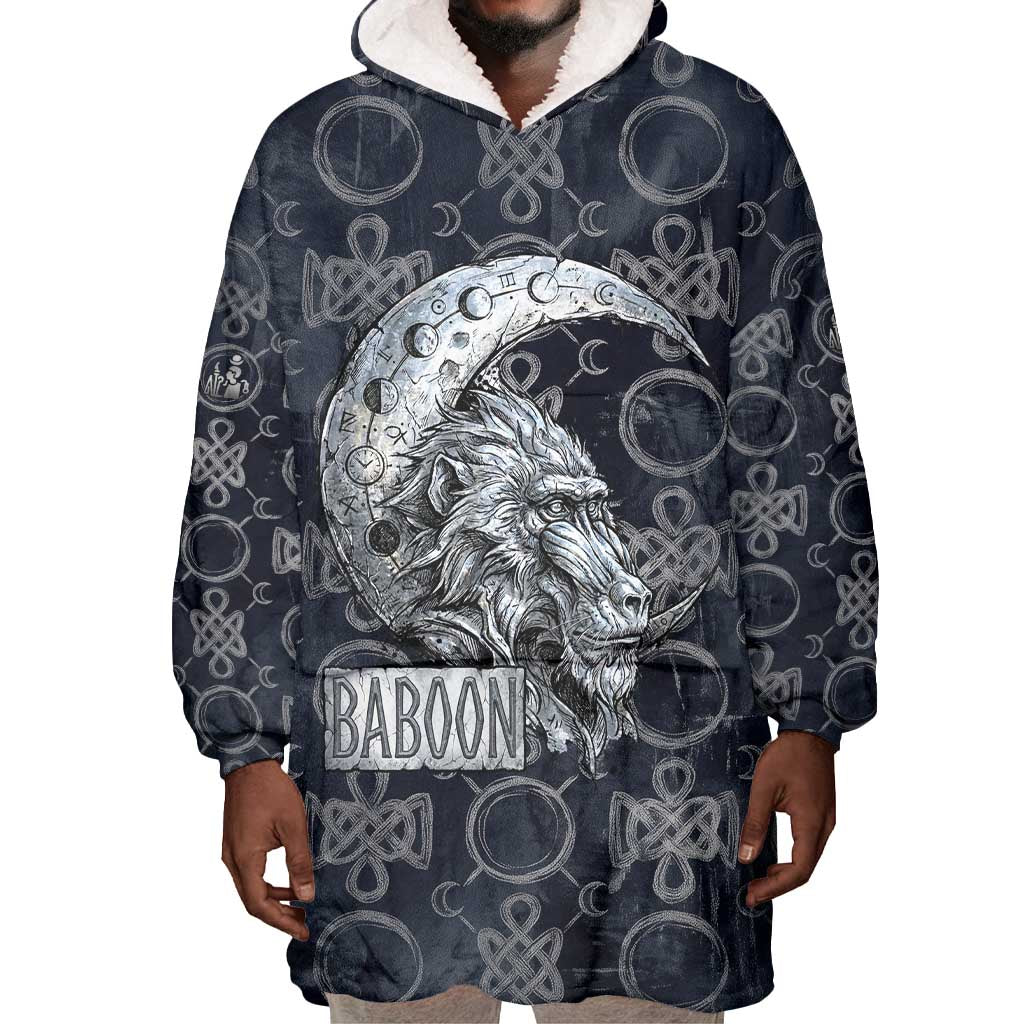 Khonsu Ancient Egyptian Wearable Blanket Hoodie with Dark Celtic Knot Pattern, Baboon Guardian Symbol, and Moon Healer Motif - Wonder Print Shop
