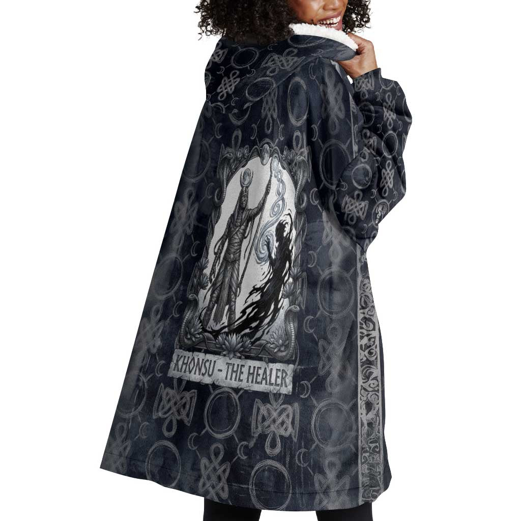 Khonsu Ancient Egyptian Wearable Blanket Hoodie with Dark Celtic Knot Pattern, Baboon Guardian Symbol, and Moon Healer Motif - Wonder Print Shop