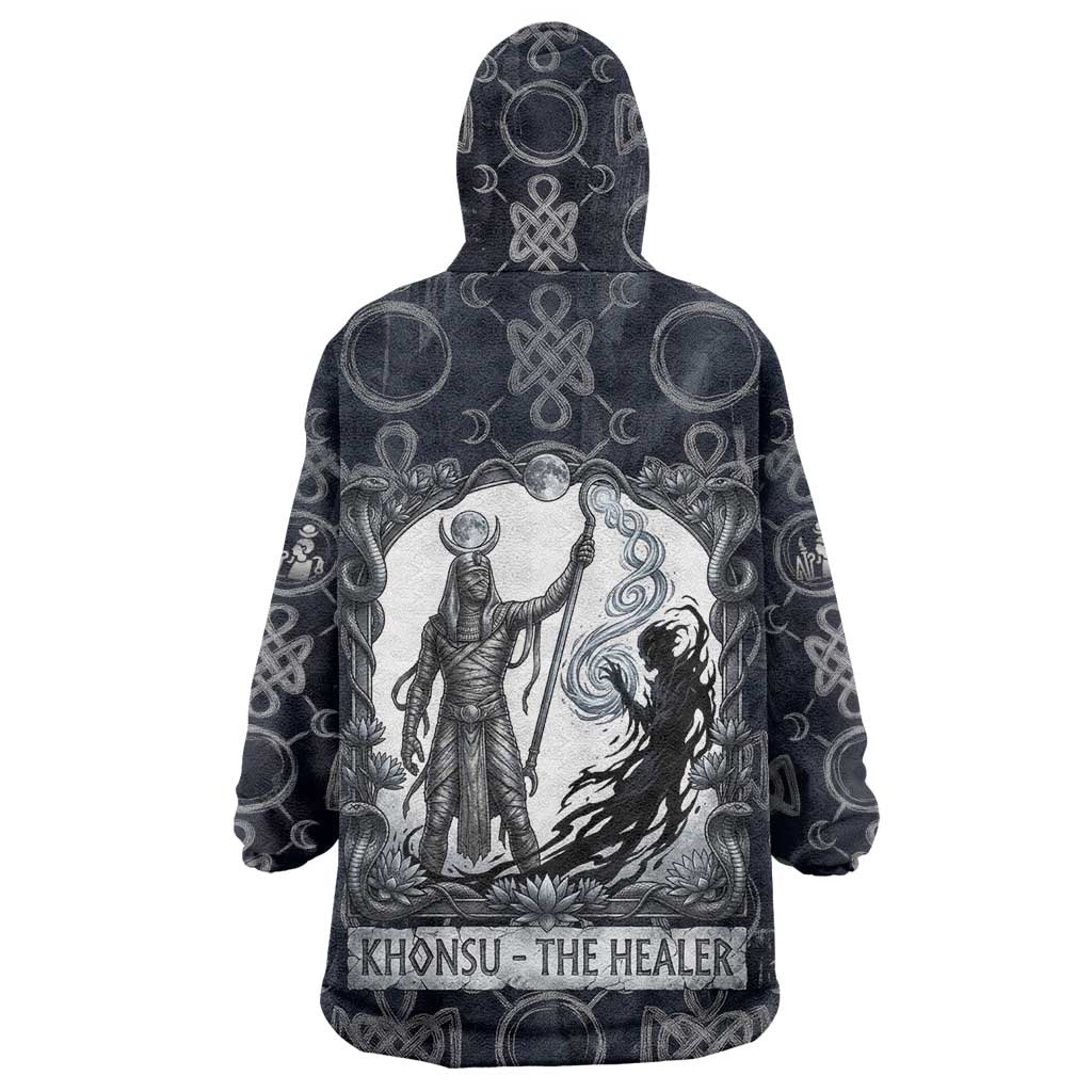 Khonsu Ancient Egyptian Wearable Blanket Hoodie with Dark Celtic Knot Pattern, Baboon Guardian Symbol, and Moon Healer Motif - Wonder Print Shop