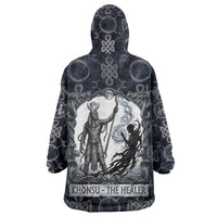 Khonsu Ancient Egyptian Wearable Blanket Hoodie with Dark Celtic Knot Pattern, Baboon Guardian Symbol, and Moon Healer Motif - Wonder Print Shop