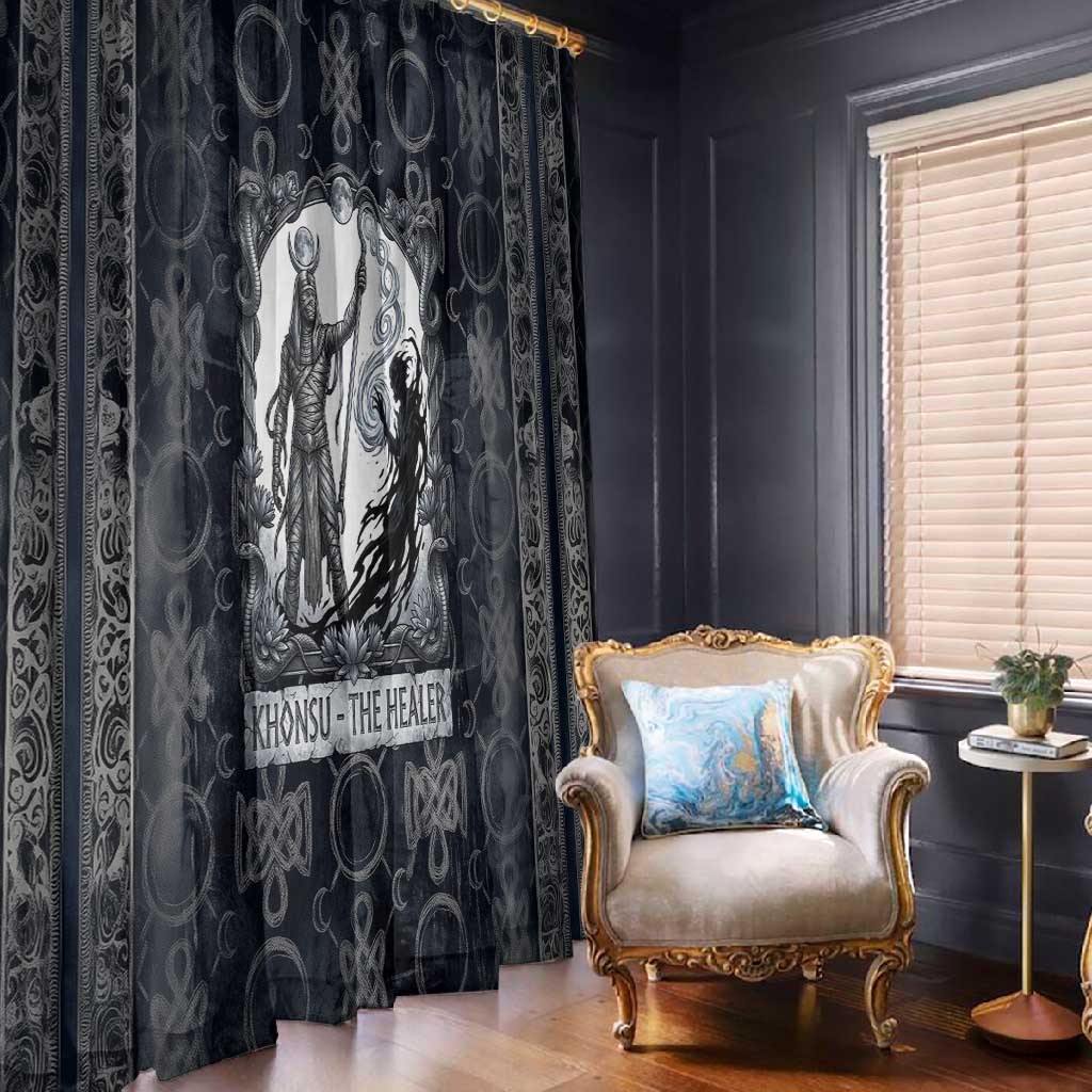 Khonsu Ancient Egyptian Window Curtain with Dark Celtic Knot Pattern, Baboon Guardian Symbol, and Moon Healer Motif - Wonder Print Shop