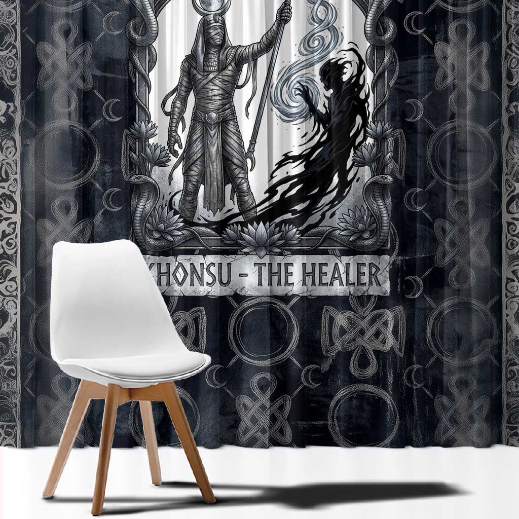 Khonsu Ancient Egyptian Window Curtain with Dark Celtic Knot Pattern, Baboon Guardian Symbol, and Moon Healer Motif - Wonder Print Shop