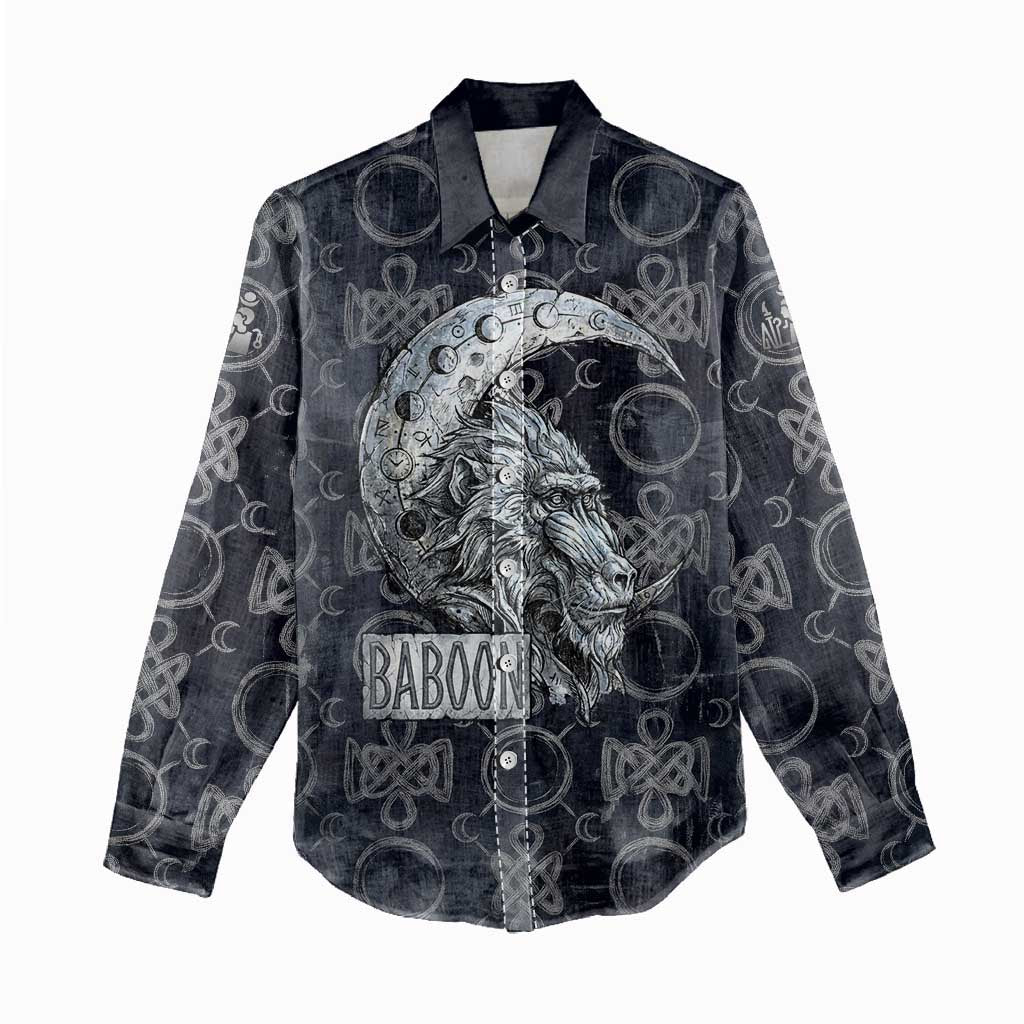 Khonsu Ancient Egyptian Women Casual Shirt with Dark Celtic Knot Pattern, Baboon Guardian Symbol, and Moon Healer Motif - Wonder Print Shop