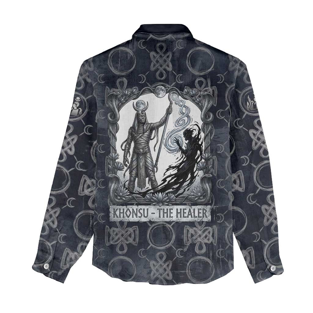 Khonsu Ancient Egyptian Women Casual Shirt with Dark Celtic Knot Pattern, Baboon Guardian Symbol, and Moon Healer Motif - Wonder Print Shop
