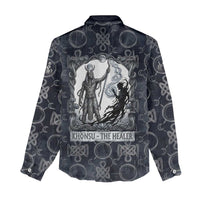 Khonsu Ancient Egyptian Women Casual Shirt with Dark Celtic Knot Pattern, Baboon Guardian Symbol, and Moon Healer Motif - Wonder Print Shop