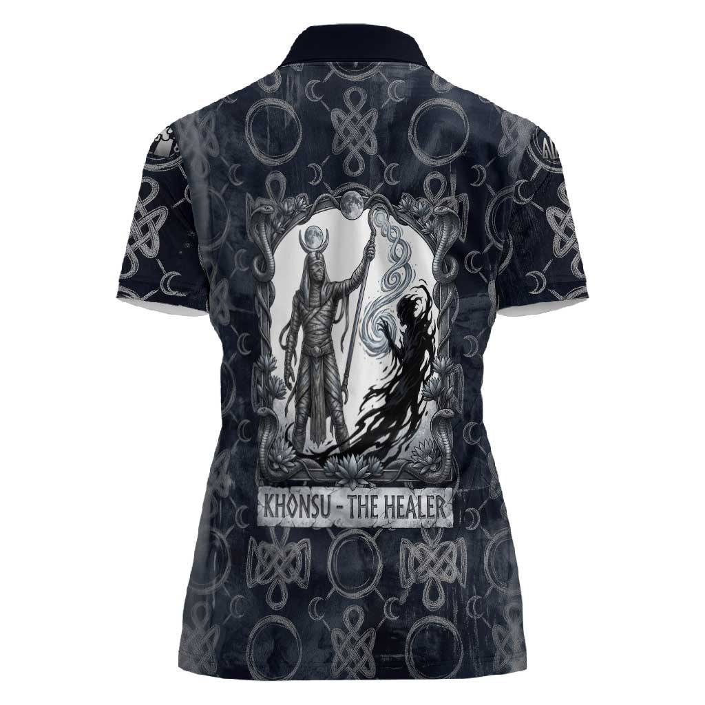 Khonsu Ancient Egyptian Women Polo Shirt with Dark Celtic Knot Pattern, Baboon Guardian Symbol, and Moon Healer Motif - Wonder Print Shop