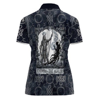 Khonsu Ancient Egyptian Women Polo Shirt with Dark Celtic Knot Pattern, Baboon Guardian Symbol, and Moon Healer Motif - Wonder Print Shop