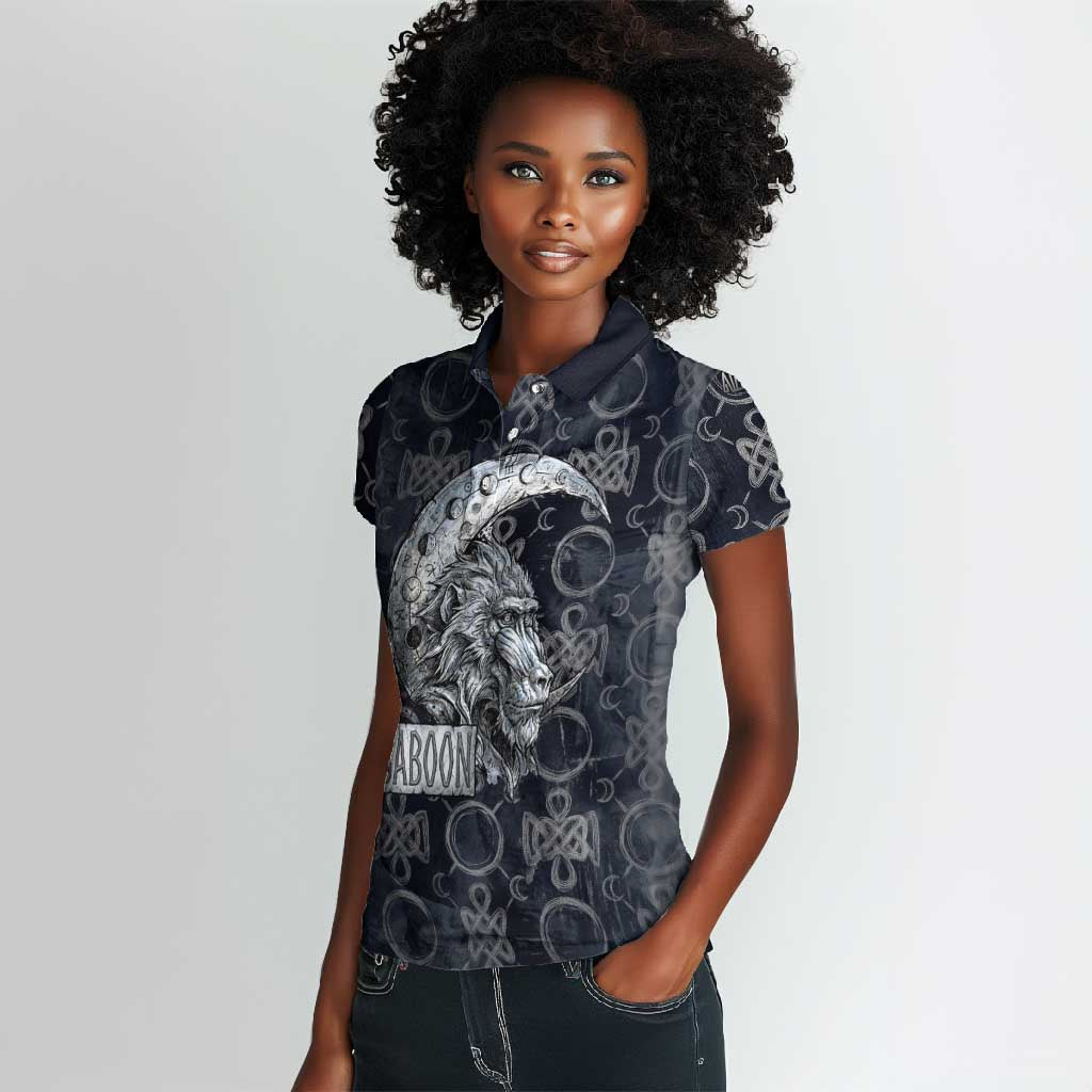Khonsu Ancient Egyptian Women Polo Shirt with Dark Celtic Knot Pattern, Baboon Guardian Symbol, and Moon Healer Motif - Wonder Print Shop