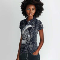 Khonsu Ancient Egyptian Women Polo Shirt with Dark Celtic Knot Pattern, Baboon Guardian Symbol, and Moon Healer Motif - Wonder Print Shop