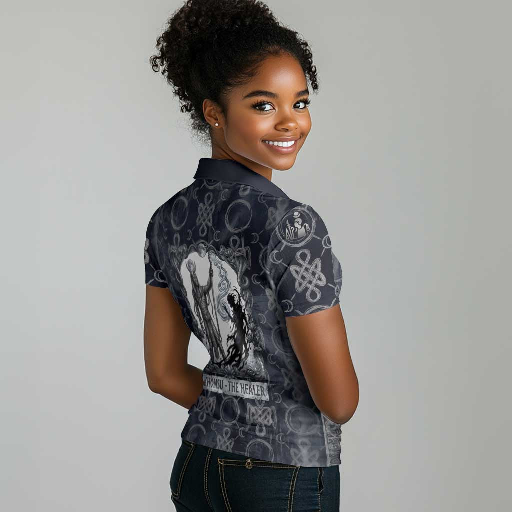 Khonsu Ancient Egyptian Women Polo Shirt with Dark Celtic Knot Pattern, Baboon Guardian Symbol, and Moon Healer Motif - Wonder Print Shop