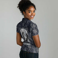 Khonsu Ancient Egyptian Women Polo Shirt with Dark Celtic Knot Pattern, Baboon Guardian Symbol, and Moon Healer Motif - Wonder Print Shop