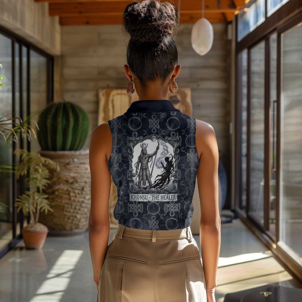 Khonsu Ancient Egyptian Women Sleeveless Polo Shirt with Dark Celtic Knot Pattern, Baboon Guardian Symbol, and Moon Healer Motif - Wonder Print Shop
