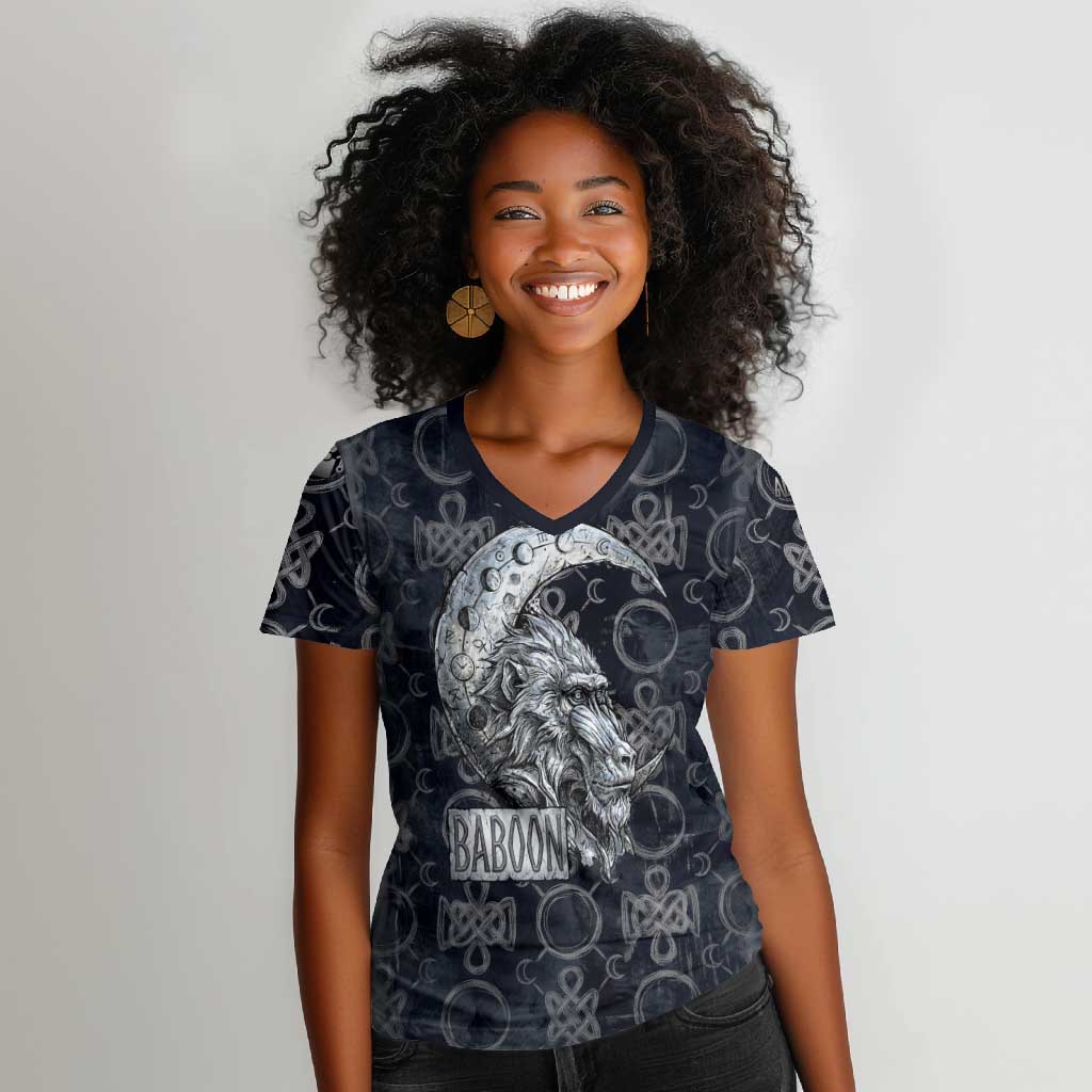 Khonsu Ancient Egyptian Women V-Neck T-Shirt with Dark Celtic Knot Pattern, Baboon Guardian Symbol, and Moon Healer Motif - Wonder Print Shop