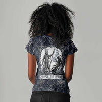 Khonsu Ancient Egyptian Women V-Neck T-Shirt with Dark Celtic Knot Pattern, Baboon Guardian Symbol, and Moon Healer Motif - Wonder Print Shop