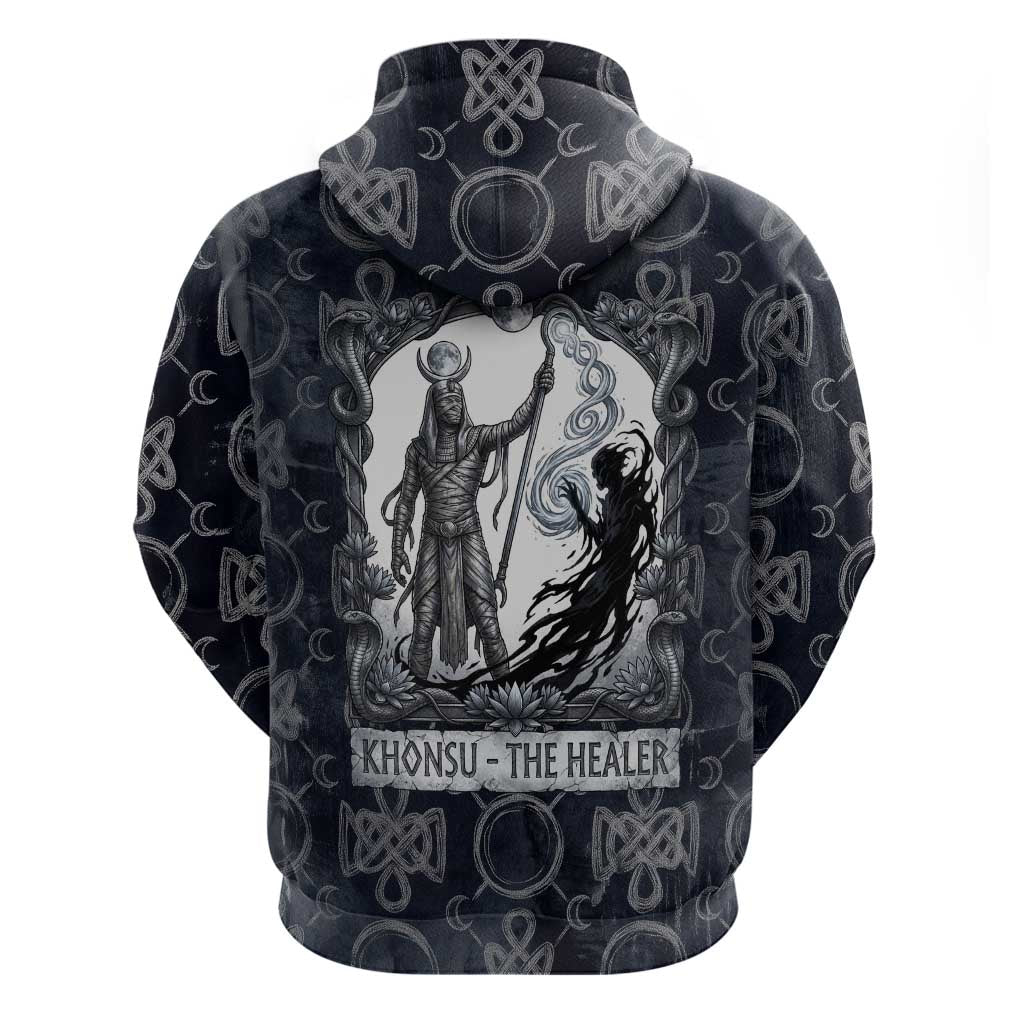 Khonsu Ancient Egyptian Zip Hoodie with Dark Celtic Knot Pattern, Baboon Guardian Symbol, and Moon Healer Motif - Wonder Print Shop