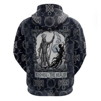 Khonsu Ancient Egyptian Zip Hoodie with Dark Celtic Knot Pattern, Baboon Guardian Symbol, and Moon Healer Motif - Wonder Print Shop