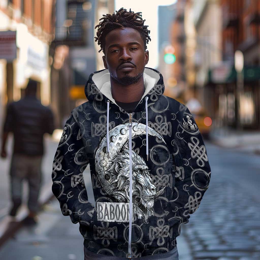 Khonsu Ancient Egyptian Zip Hoodie with Dark Celtic Knot Pattern, Baboon Guardian Symbol, and Moon Healer Motif - Wonder Print Shop