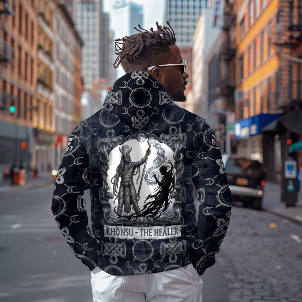 Khonsu Ancient Egyptian Zip Hoodie with Dark Celtic Knot Pattern, Baboon Guardian Symbol, and Moon Healer Motif - Wonder Print Shop