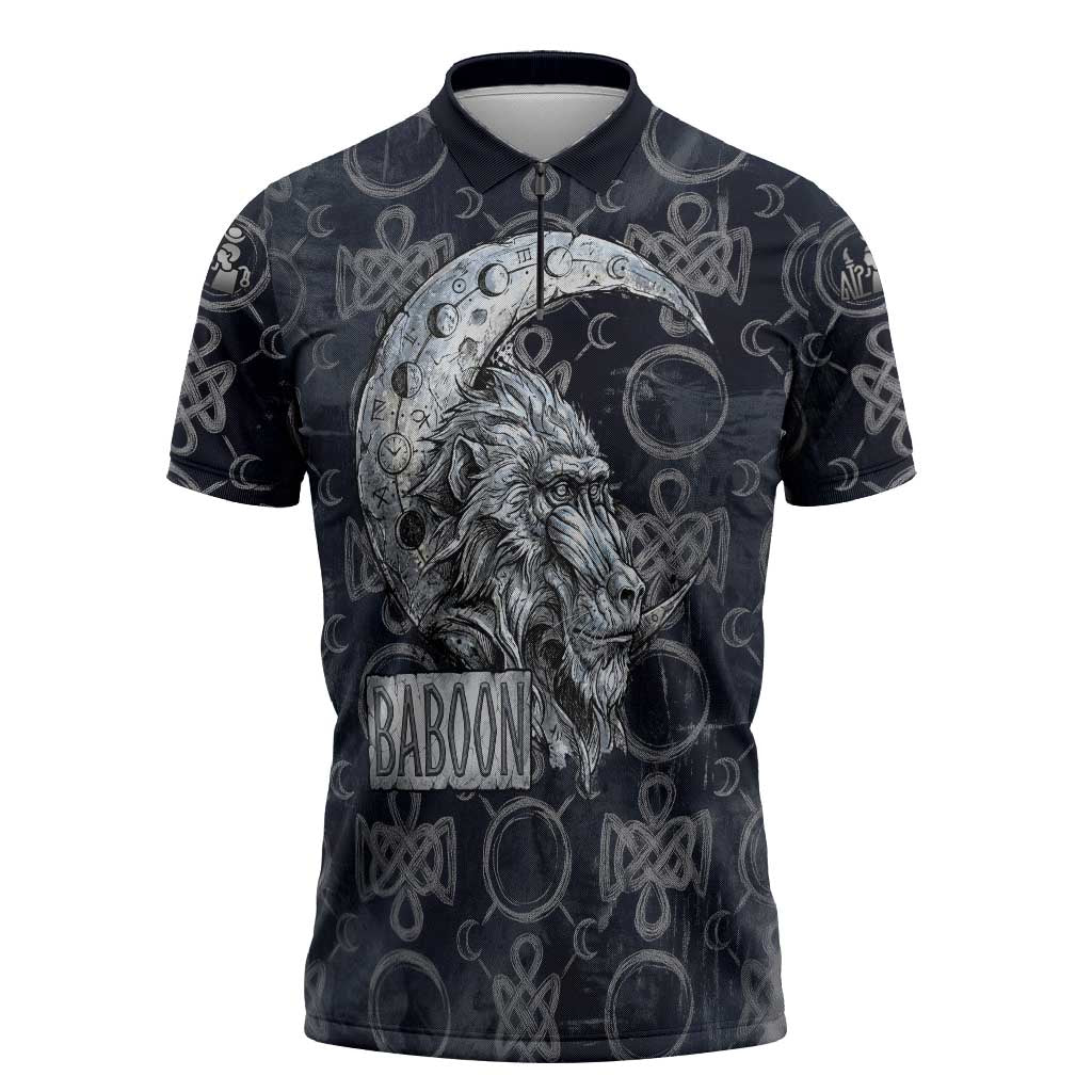Khonsu Ancient Egyptian Zipper Polo Shirt with Dark Celtic Knot Pattern, Baboon Guardian Symbol, and Moon Healer Motif - Wonder Print Shop