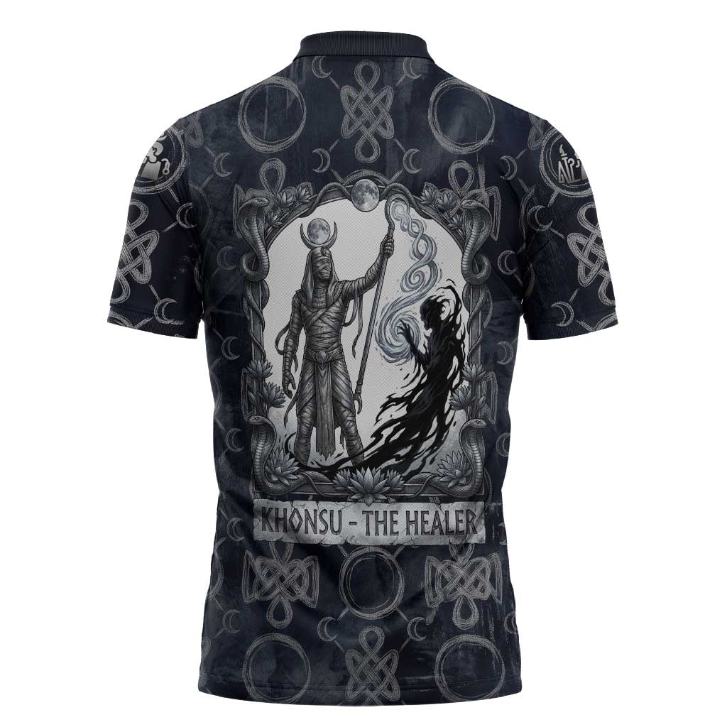 Khonsu Ancient Egyptian Zipper Polo Shirt with Dark Celtic Knot Pattern, Baboon Guardian Symbol, and Moon Healer Motif - Wonder Print Shop