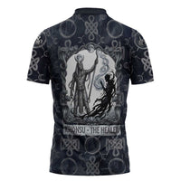 Khonsu Ancient Egyptian Zipper Polo Shirt with Dark Celtic Knot Pattern, Baboon Guardian Symbol, and Moon Healer Motif - Wonder Print Shop