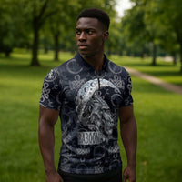 Khonsu Ancient Egyptian Zipper Polo Shirt with Dark Celtic Knot Pattern, Baboon Guardian Symbol, and Moon Healer Motif - Wonder Print Shop