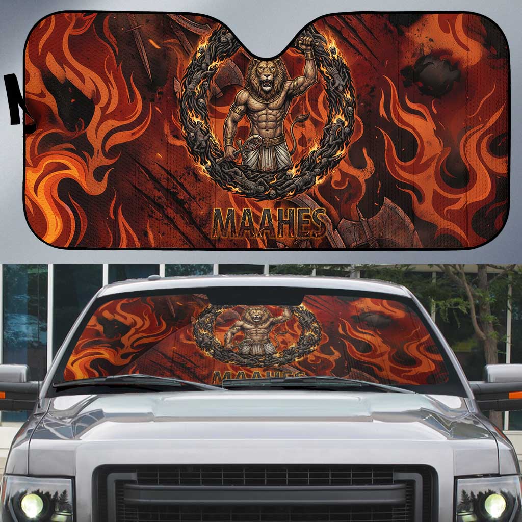 Maahes Auto Sun Shade Ancient Egyptian Fiery Red Flame - Roaring Lion Head - Wonder Print Shop