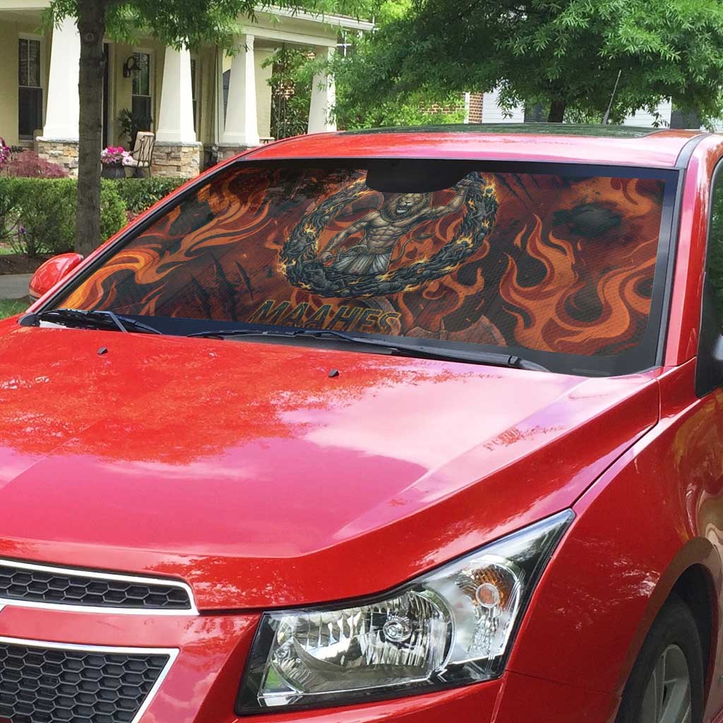 Maahes Auto Sun Shade Ancient Egyptian Fiery Red Flame - Roaring Lion Head - Wonder Print Shop