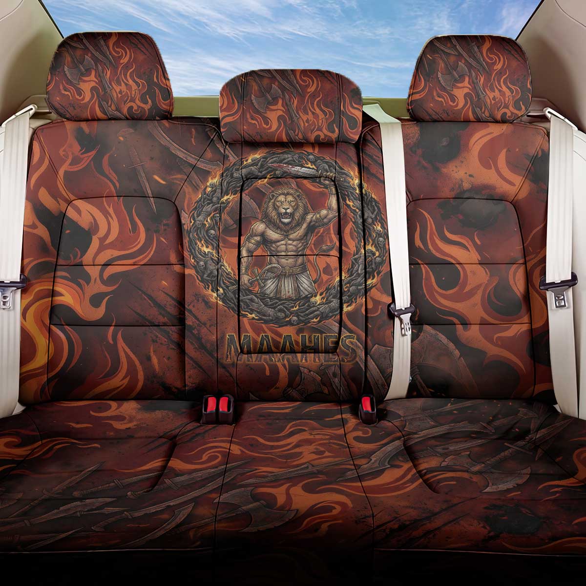 Maahes Back Car Seat Cover Ancient Egyptian Fiery Red Flame - Roaring Lion Head - Wonder Print Shop