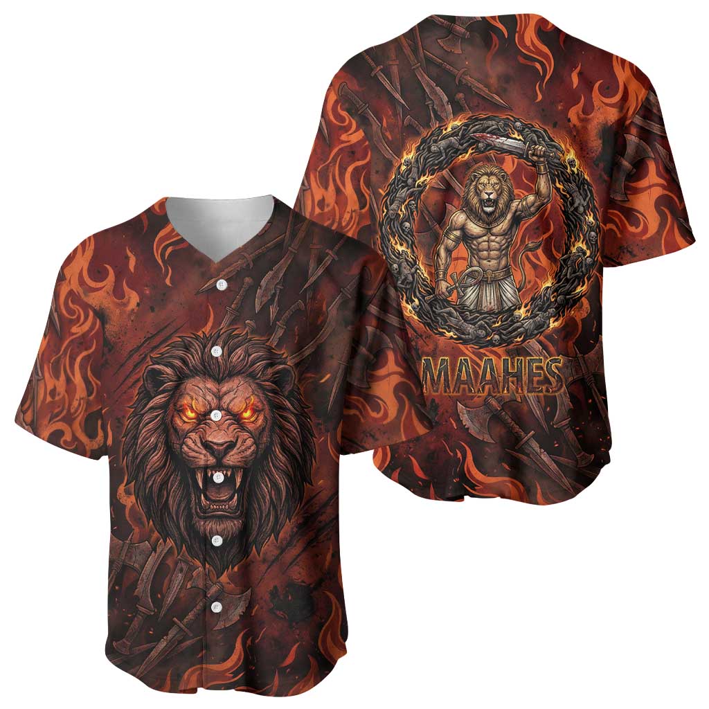 Maahes Baseball Jersey Ancient Egyptian Fiery Red Flame - Roaring Lion Head - Wonder Print Shop