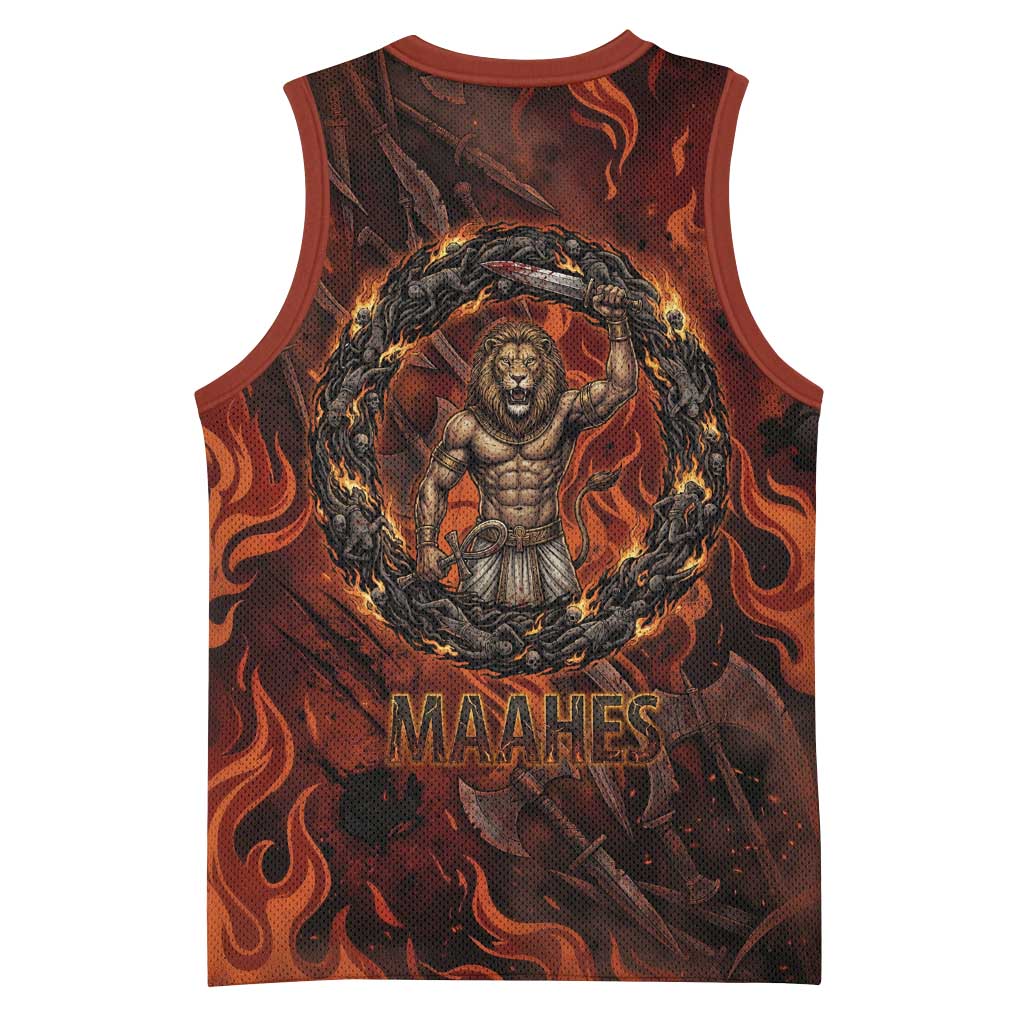 Maahes Basketball Jersey Ancient Egyptian Fiery Red Flame - Roaring Lion Head - Wonder Print Shop