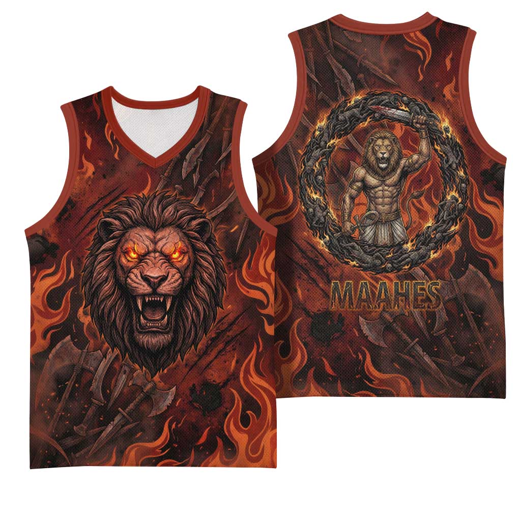 Maahes Basketball Jersey Ancient Egyptian Fiery Red Flame - Roaring Lion Head - Wonder Print Shop