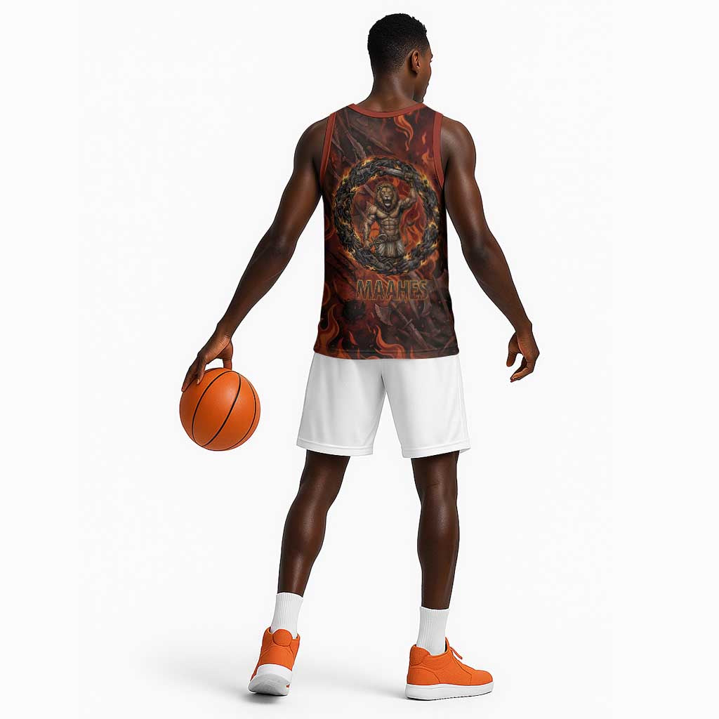 Maahes Basketball Jersey Ancient Egyptian Fiery Red Flame - Roaring Lion Head - Wonder Print Shop