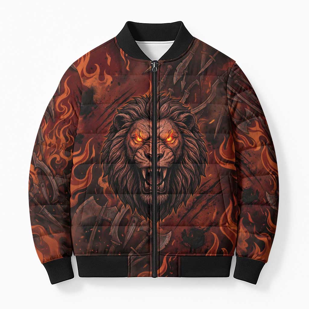Maahes Bomber Puffer Jacket Ancient Egyptian Fiery Red Flame - Roaring Lion Head - Wonder Print Shop